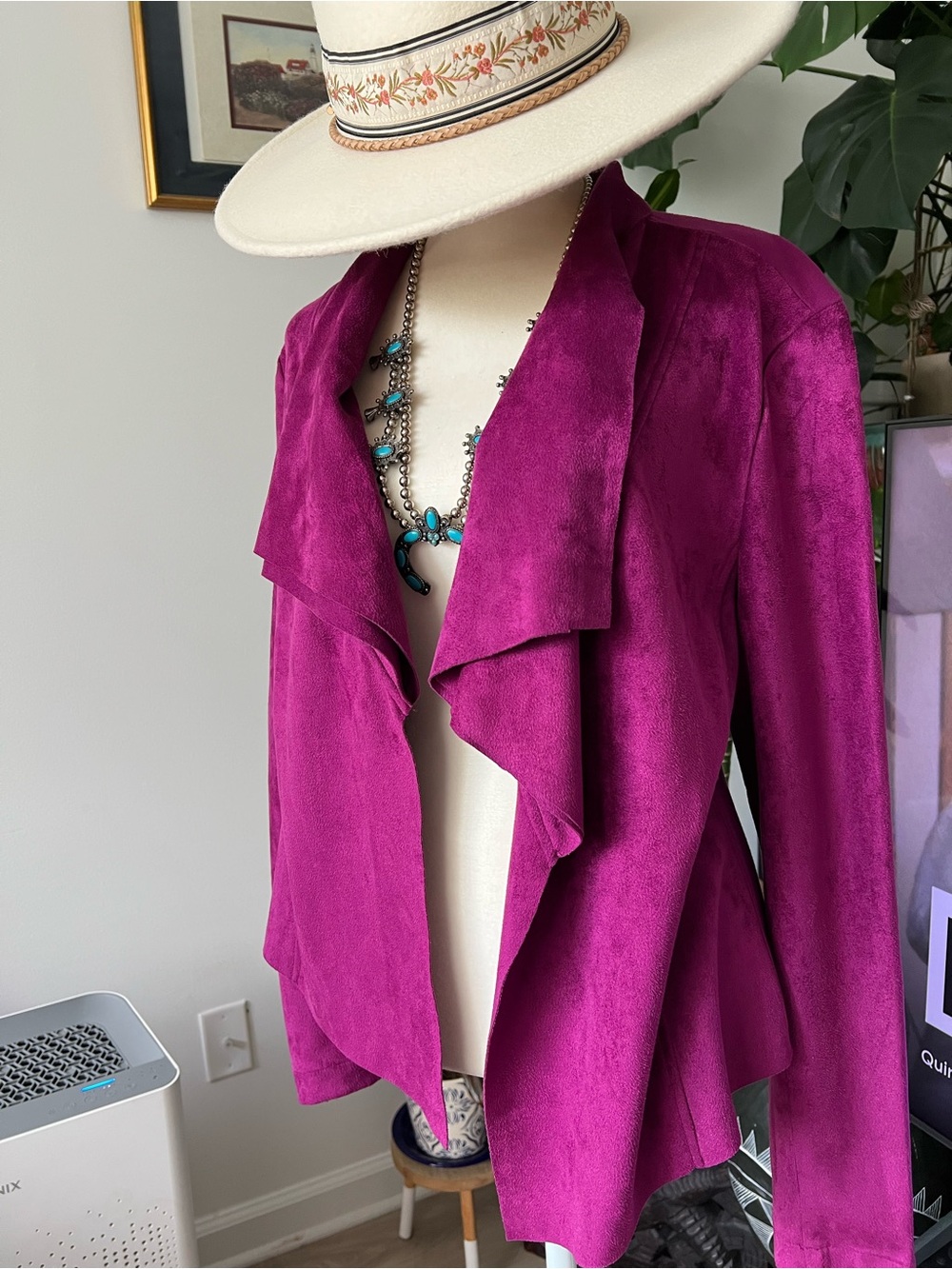Ashro Suede-Feel Draped Blazer in Magenta